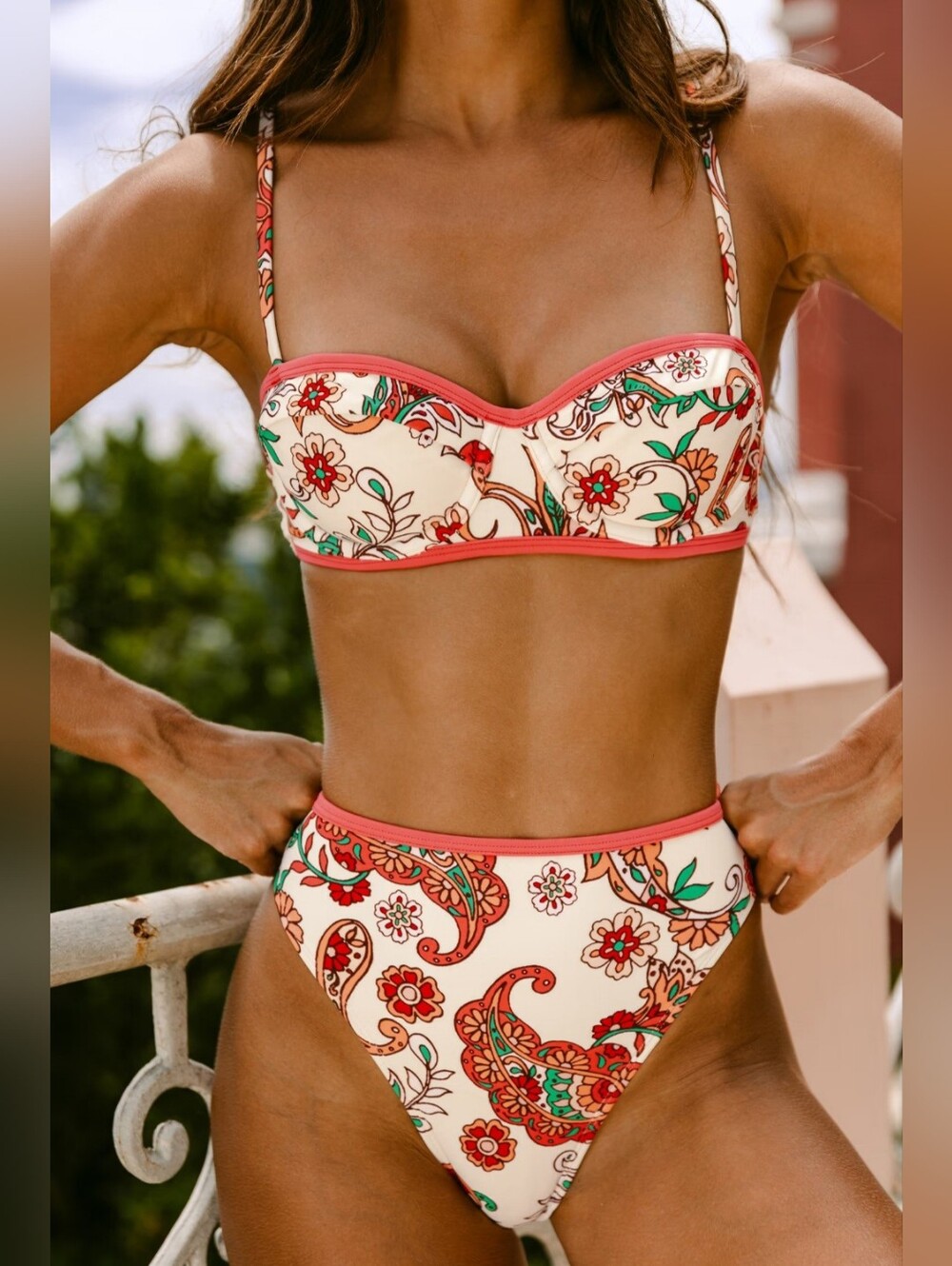 Cupshe Cream Floral Paisley Bikini with Coral Trim